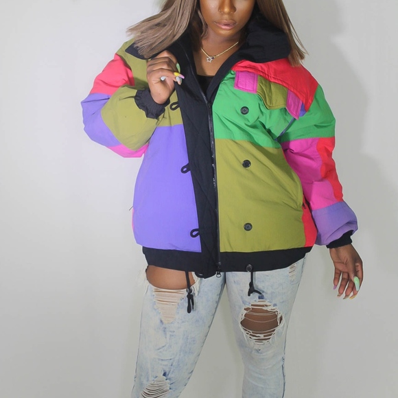VTG 90s Color Block Winter Coat - Picture 1 of 7